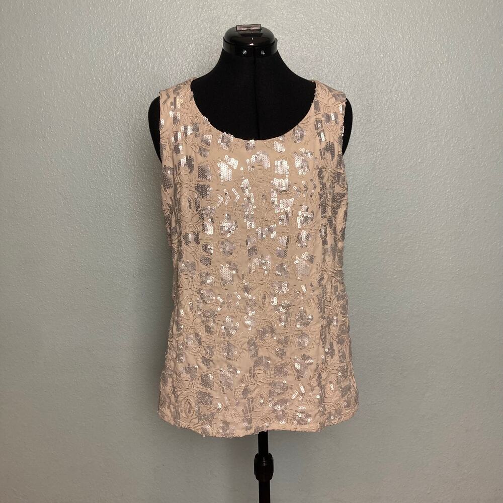 L 14 Coldwater Creek Tan Silver Sequin Scoop Neck tank top Sleeveless